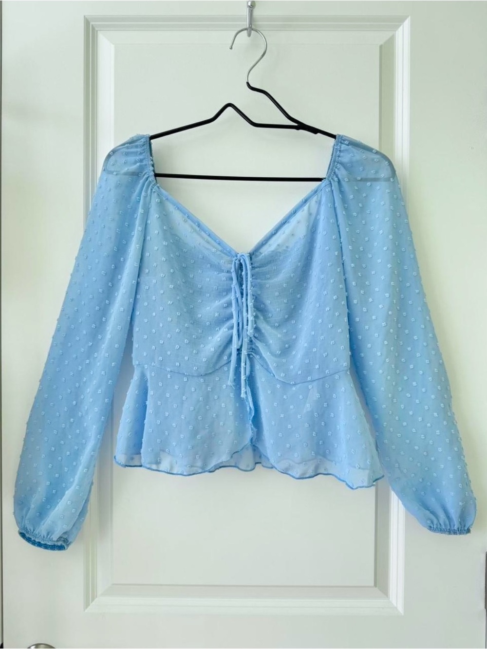 Chiffon Baby Blue Chiffon Shirred Flutter Babydoll Peasant Top (in size M)